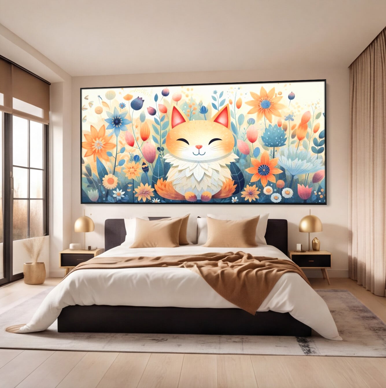 Tablou canvas cu tablou canvas cu pisicuta in gradina cu flori, in rama de aluminiu negru, pe perete intr-un dormitor
